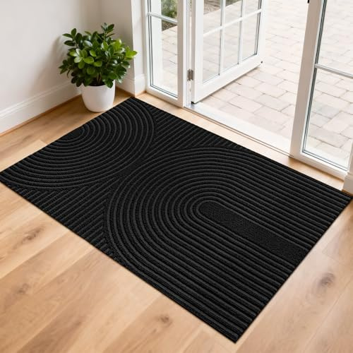 FEOMOS Fußmatte Innen Außen 80x120cm, rutschfeste Schmutzfangmatte-Schwarz | Fussmatte Innen, Fußabtreter Niedriges Profil, Türmatte Waschbar Langlebig für Haustür, Flur, Balkon, Küche