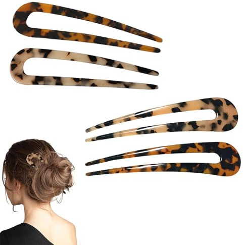4 Pcs French Hair Pin, U Shaped Twist Hair Pins for Women, Tortoise Shell Forks Hairpin for Long Hair, Prong Updo Chignon Pin for Party, Wedding Hairstyle Accessories(2 Size)