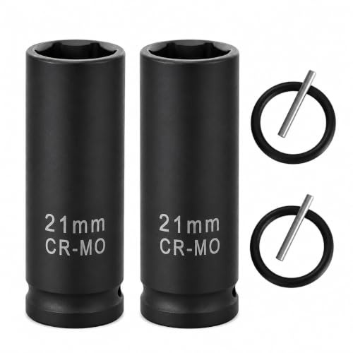 2-Pack 21mm Scaffolding Impact Socket Set, 1/2 Drive 53mm Deep Metric Impact Socket, Heavy Duty CR-MO Steel Deep Metric Socket with Retaining Pin & O-Ring, Perfect for Scaffold Clamps, Long Bolts