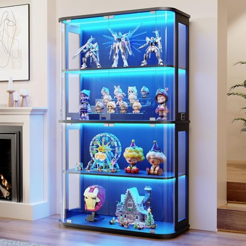 BROTTAR 67 Display Cabinets with Glass Door & 3 Color Lights,Black | Glass Display Cabinet with Human Body Sensor,Curio Storage Cabinet with Round Display Case for Collectibles for Playroom