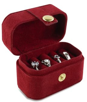 AfitLulu Ringbox Mini Ringschatulle Reisen Ring Aufbewahrung Pu-Leder Ringkästchen mit 4-Ringschlitze, Schmuckkästchen Ringe Tragbar Ring Schachtel für Reisen Geschäftsreisen (Rot-Samt)
