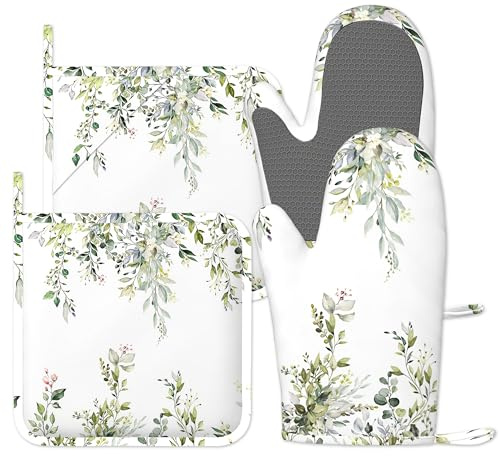 Oven Mitts and Pot Holders Sets of 4, Sage Green Eucalyptus Silicone Oven Gloves Heat Resistant, Non-Slip BBQ Gloves for Kitchen Cooking Baking Grilling Microwave