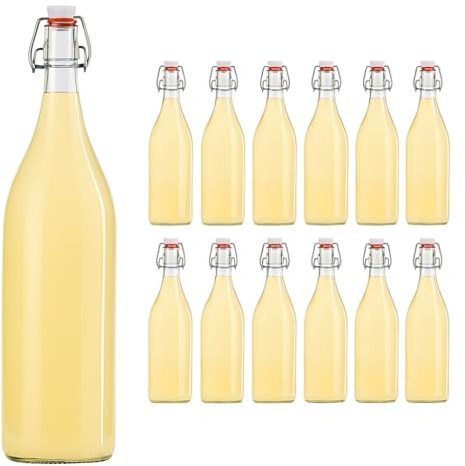 hocz 12x leere Bügelflaschen 1 Liter zum Befüllen Weiß - große Flaschen mit Bügelverschluss - 12er Bügel Glasflaschen Set für Saft, Getränke, Likör, Öl, Saucen - 12 Stück, 1000ml, Weiß