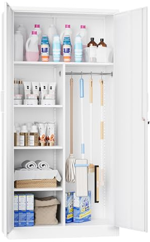 LISSIMO 72 H Metal Garage Storage Cabinets, Lockable Broom Closet Cabinet with Hanging Rod & Doors, 5-Tier Steel Utility Cabinets for Garage, Laundry Room, Warehouse Storage, White