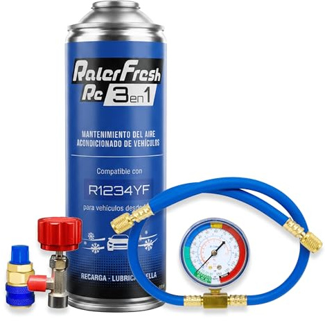 Ralerfresh RC 3 en 1 – Recarga Aire Acondicionado Coche R1234yf Desde 2017, Gas Refrigerante, Sella Fugas, Lubricante (RC31 + Manómetro Manguera)