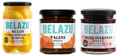 Belazu Beldi Preserved Lemons, Tagine Paste, and Rose Harissa Paste, Moroccan-Style
