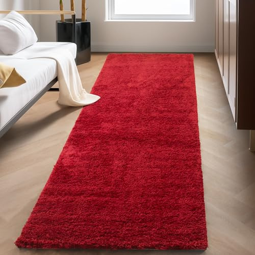 Carpettex Shaggy-Teppich, Hochflor, Wohnzimmer, Florhöhe 3 cm, einfarbig, Rot, 80 x 250 cm