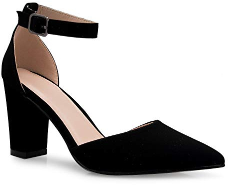 Olivia K Women's Sexy D'Orsay Ankle Strap Pointed Toe Block Heel Pump - Classic, Comfortable (8.5,Black Nubuck**, Numeric_8_Point_5)