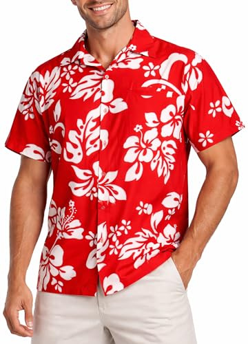 King Kameha Tallas Grandes Camisa Hawaiana para Hombre de Manga Corta, Camisa Aloha de Verano con Estampado de Hibisco, Ligera y fácil de cuidar
