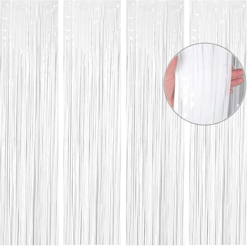 BTSD-home 4 Pack White Foil Fringe Curtains Tinsel Streamer Backdrop for Wall Archway Door Decoration Birthday Wedding White Background Gender Reveal Bachelorette Christmas Sparkle Party Supplies