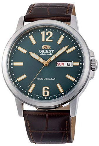 ORIENT Conmuter - Orologio da polso da uomo automatico e a carica manuale meccanico casual cinturino in pelle marrone cassa in acciaio inox display analogico verde - RA-AA0C06E19B