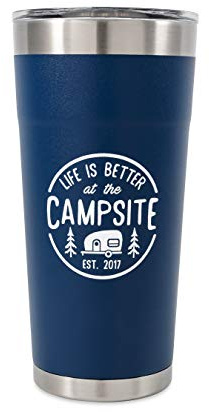 Camco Life is Better at The Campsite Stainless Steel Tumbler - Features Double Wall Vacuum Insulation for Heat/Ice Retention & Unique Life is Better At the Campsite Design - Holds 20 oz. (53323)