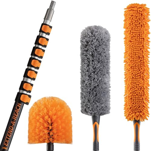 11m (36 ft) High Reach Duster Kit with 1.5-9.1m (5-30 ft) Extension Pole // High Ceiling Cleaning Kit with Telescopic Pole, Cobweb Brush, Feather Duster & Ceiling Fan Duster // Ultimate Dusting Kit