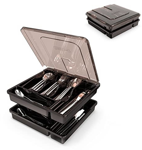 YICOCHI Utensilienhalter mit 2 Ebenen für Arbeitsplatte mit Deckel, Besteckablage aus Kunststoff, für Schublade, 5 Fächer, Besteck-Organizer, Schwarz