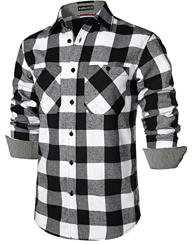 PARKLEES Chemises classiques élégantes coupe regular fit décontractées à manches longues en polaire à carreaux boutonnées avec poche pour homme, blanc/noir, L