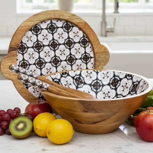 Hartsmede Wooden Salad Bowl with Lid & Spoons – 12 Handmade Mango Wood Covered Serving Bowl with Food-Safe Enamel Interior, Large Salad or Fruit Bowl for Kitchen Dining, Rustic Gift (Palazzo)