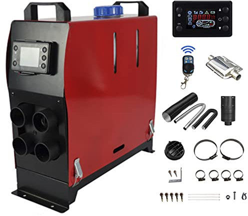 Calentador de Aire Diesel 12V 5KW, Calefacción Estacionaria con Pantalla LCD Silenciador y Control Remoto, Calentador Coche para SUV Furgoneta Automóvil Camiones Barco,Rojo,4 Holes