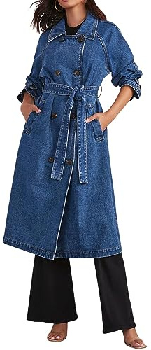 CHARTOU Women's Casual Double Breasted Long Denim Trench Coat Jean Jacket Trenchcoat with Belt Duster Coat, Blue, S