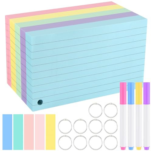 NACHLYNN Flash Cards,500 Pcs Colored Index Cards 3 x 5 in Revision Cards with 10 Rings Both Sides Lined Colored Flashcards for Studying Home Office School