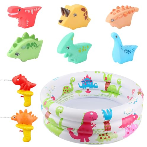 CLIUNT 9pcs Inflatable Paddling Pool Set, 3 Ring Portable Paddling Pools with Inflatable Safety Bubble Bottom, Dinosaur Water Gun and Dinosaur Bath Toys for 1-6 Years Old Toddlers