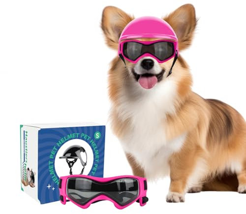 PETLESO Hundebrille mit Helm, Hundehelm und -Brille 2 Stück Set für kleine und mittlere Hunde - Rosa