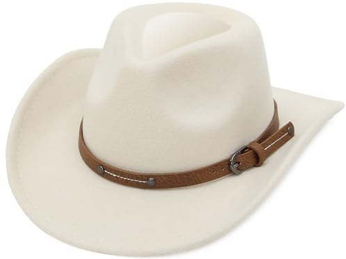 EOZY Women Men Western Cowboy Fedora Felt Hat Wide Brim Outdoor Cowgirl Hat with Belt Buckle Beige