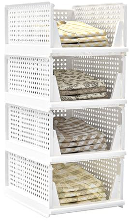 Yawinhe 4er Set Kleiderschrank Organizer Schubladenbox, Faltbaren Aufbewahrungsboxen Schrank Organizer, Plastik Trennwand Regal für Kleidung Küchen Schlafzimmer, 33 x 43 x 18,5 cm, Weiß