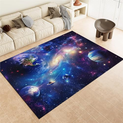Teppich Wohnzimmer Schlafzimmer 60x90cm Waschbar Kurzflor Anti-Rutsch TPR Unterseite Langlebig Robuster Polyester Teppich Rechteckig Pflegeleicht, Weltraum-Fantasie-Galaxie-