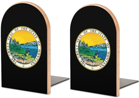 Montana State Seal lustige Buchstützen aus Holz, kleine dekorative Buchstützen, 1 Paar, rutschfest, für Regale, 12,7 x 7,6 cm