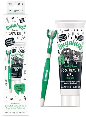 Bugalugs Dental Care Kit for Dogs & Cats Toothpaste Gel (75g) & 1 x Triple Headed Toothbrush for Dogs, Puppy, Cat & Kitten Essentials, Breath Freshener, Plaque & Tartar Remover, Cleaning Treatment