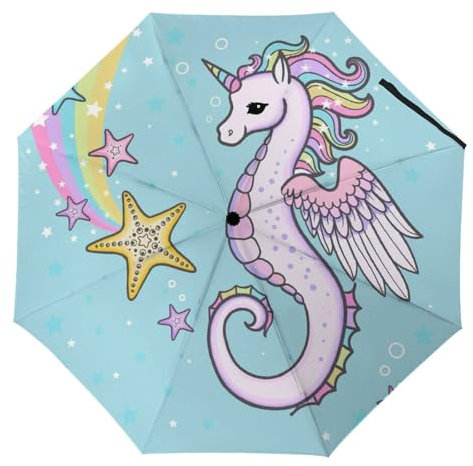 YBQLNP Kompakter Reise Regenschirm Seepferdchen Einhorn Taschenschirm Automatisch Auf Und Zu Faltbarer Sonnenschirm