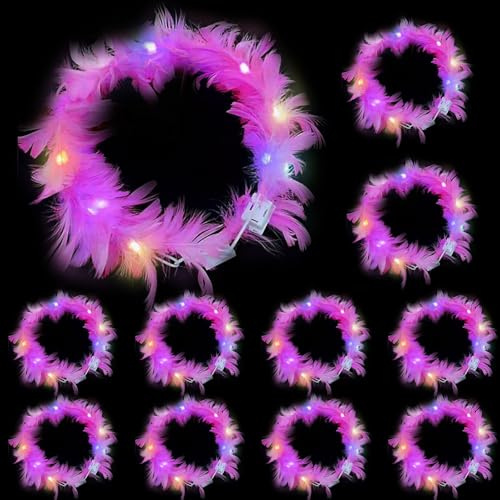YOUYIKE LED-Blumenkranz, 10 Stück, Federkranz, Stirnband, LED, Haargirlande, für Frauen und Mädchen, Hochzeit, Geburtstag, Karneval, Weihnachten, Halloween, Zubehör (Rosa)