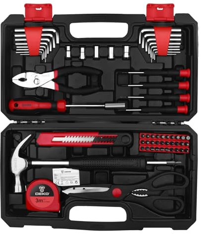 DEKO TZ62 Ensemble d'outils de pièces Ensemble d'outils manuels généraux pour la maison avec étui de rangement de boîte à outils en plastique (Rouge)