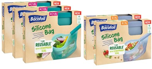 Bacofoil Reusable Silicone Food Bags - Food Storage for Fresh Produce, Meal Prep, Soups - Reusable Freezer Bags for Freezing & Reheating - Microwave & Dishwasher-Safe, 5-Pck, 1L (2x) & 1.5L (3x)