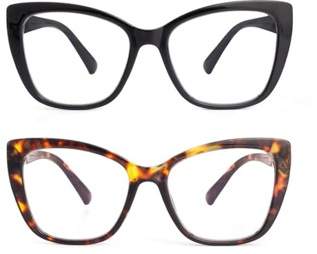 SKYWAY 2er-Pack Übergröße Lesebrille Damen, Groß Mode Quadratische Cat Eye Computerbrille Blaulichtfilter Brille mit Sehstärke