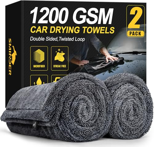 SMINDER 2-Pack 1200 GSM Car Drying Towels – Microfiber Towels for Cars (36 x 24), Ultra-Absorbent, Streak-Free, Scratch-Free, No Water Spots, Double-Twist Pile & Edgeless Design