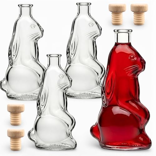 gouveo 4er Set Glasflaschen 200 ml (0,20 l) Hasenform mit Korkverschluss Holzgriff – Leere zum Befüllen für Likör, Sirup, Deko, Gastgeschenke und Frühling (OHF200HGK)