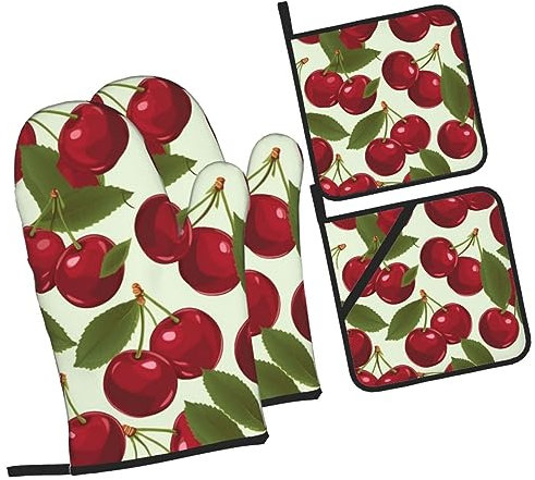 Mitaines De Cuisine Cerise Professionnel Baking Gloves Antidérapant Maniques Cuisine pour Cuisson Barbecue Femmes,4 Pièces