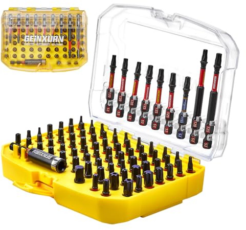 Geinxurn 83tlg. Schlagfester Schraubendreher Bits Set Torx/Sicherheit-Torx, T7-T40 Bitsatz S2-Stahl Magnetische 1/4” Sechskantschaft, inkl. Bit-Halter Stecknuss-Adapter mit Gelb Aufbewahrungsbox