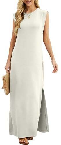 GRECERELLE Damklänning för sommaren, ledig maxiklänning, blusklänning i elegant stil, ärmlös klänning med slits och fickor för damer, Beige, XXL