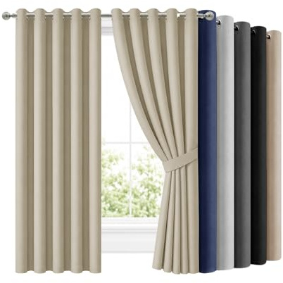 Hafaa Blackout Curtains for Bedroom 66x84 Inch Eyelet Cream Curtains for Living Room Super Soft Thermal Curtain and Drapes 2 Panels with Tiebacks