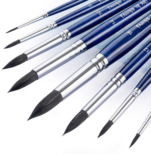 COOZEE Professional Paint Brush Set, 8Pcs Round Pointed Paintbrush Set, Wooden Handle Squirrel Hair Artist Brushes for Watercolor Painting(Blue Handle)