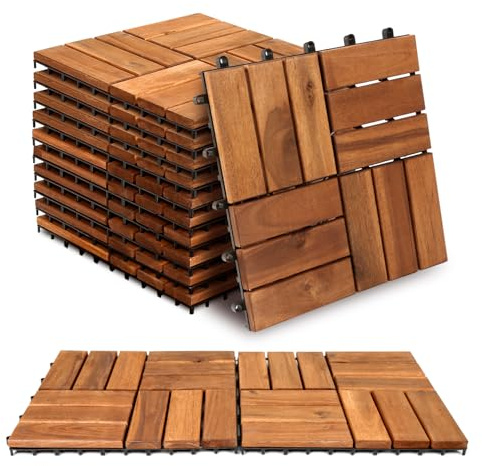 Ollewiellan Lot de 11 dalles de terrasse en bois d'acacia - 30 x 30 cm - 1 m² - Pour l'extérieur, le jardin, le patio, la terrasse (12 lattes)
