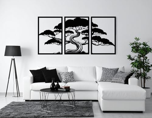 Kajaro Bonsaibaum Wandbild Holz 3-teilig, 1480x800 mm, selbstklebend | Gratis: zweites kleineres Bild. Selbstklebende Holz-Wanddeko in Metalloptik, einfache Montage ohne Bohren.