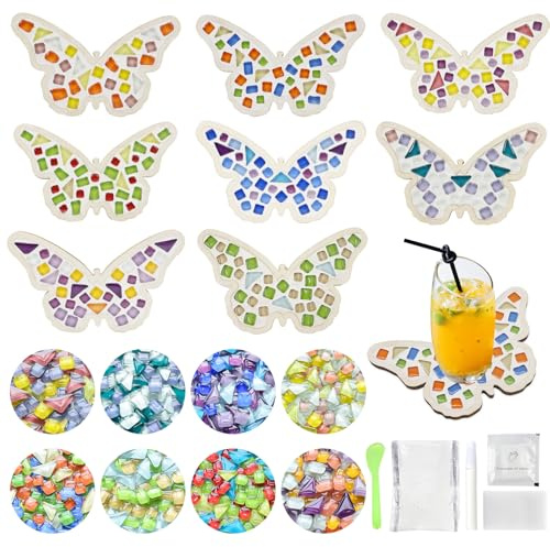 Adboros 8 Sets DIY Glass Mosaic Tiles for Crafts with Butterfly Wooden Coasters Mixed Color Mosaic Kits with Wooden Coaster for Adults Bamboo Coaster for Drinks Tray Handmade Spring Home Decoration