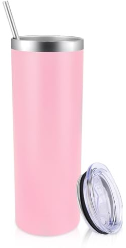 Volhoply 600ml (20oz) Skinny Tumbler with Lid and Straw, Stainless Steel Straight Tumblers Cup, Vacuum Insulated Coffee Mug for Home, Office, Travel, DIY (Pink,1 Pack)