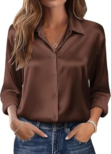 Beyove Blusa de satén de seda con cuello en V, elegante, manga larga, para negocios, con botones, suelta, manga larga, marrón, S
