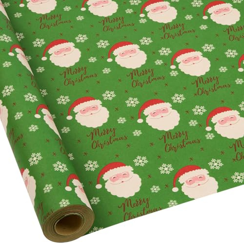 Presentpappersrulle: Tryckt kraftpapper med jultomten, grönt återvinningsbart papper för juldekoration – 43 cm x 15 m