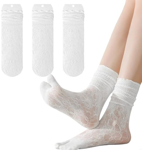 VLYX Tabi-sockor för Kvinnor, 3 Par, Japansk Delad Tå, Mesh, Mellanhöga med Volanger
