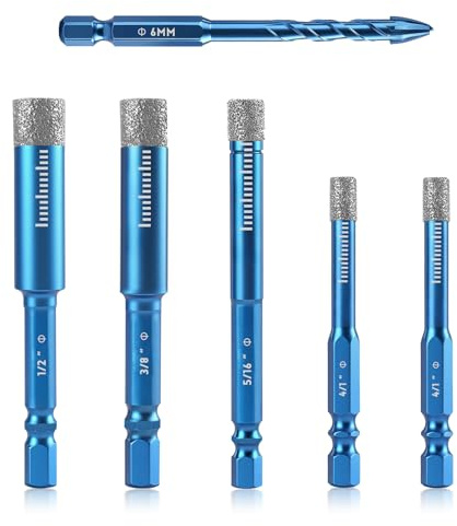 Funtery 6 Stück Fliesenbohrer Set Diamantbohrer Glasbohrer,6, 8, 10, 12mm Diamant Fliesen Bohrer und 6mm Metall Bohren, für Keramik, Granit, Glas, Porzellan, Fliesen, harte Fliesen, Feinsteinzeug